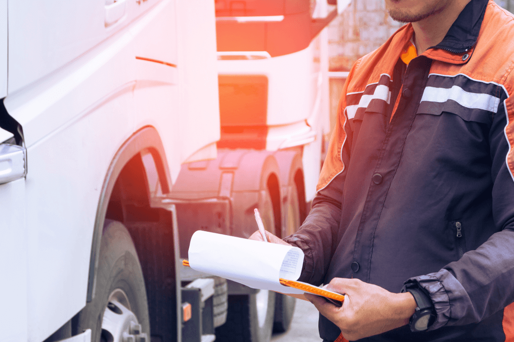 person with clipboard inspecting truck