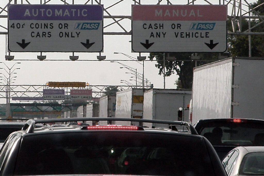 trucks waiting to pay toll