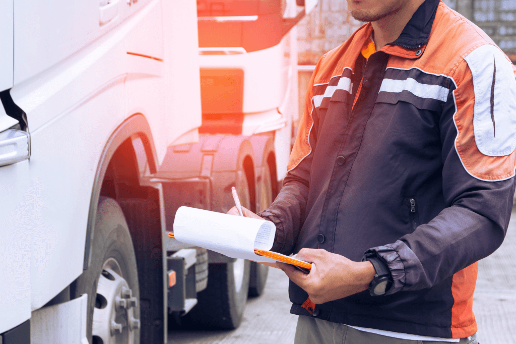 Person with clipboard standing beside a truck.