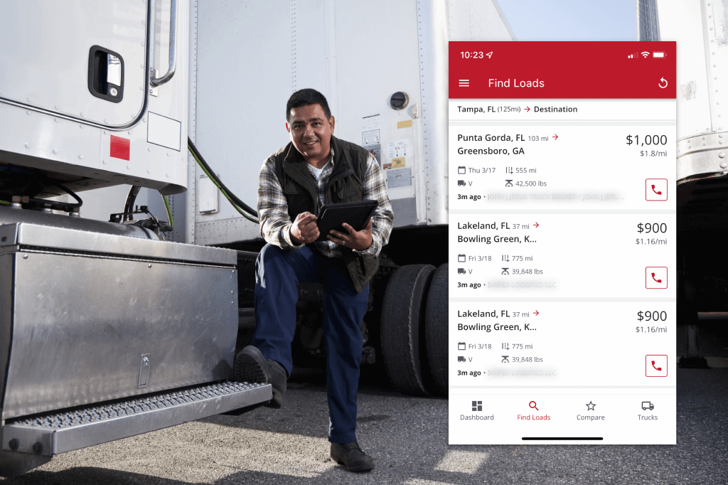 Truck driver with tablet load board screen capture