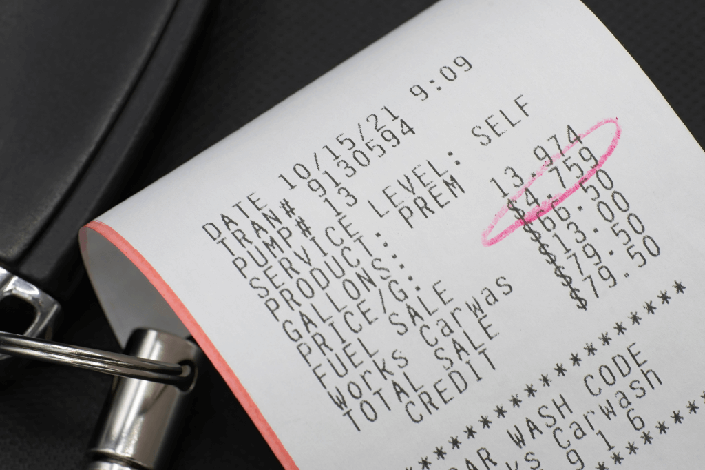 Close-up of fuel receipt.