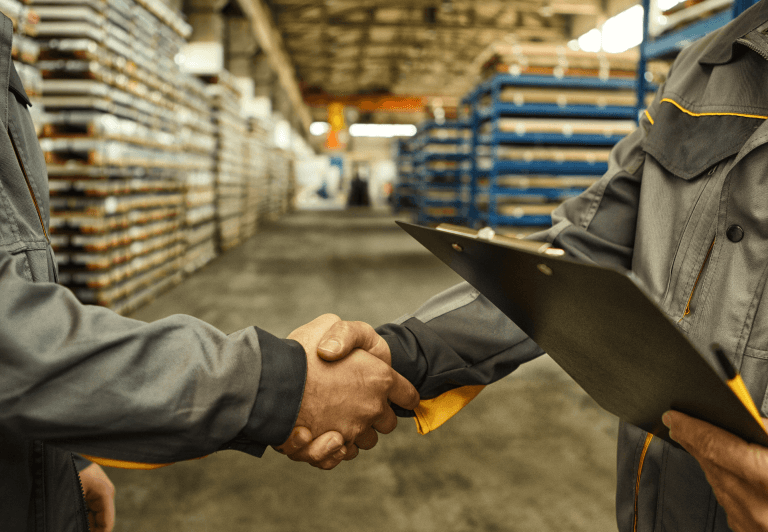 Two people shaking hands in a room with stacked pallets