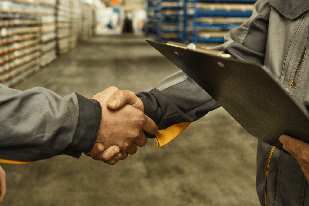People shaking hands in a warehouse.