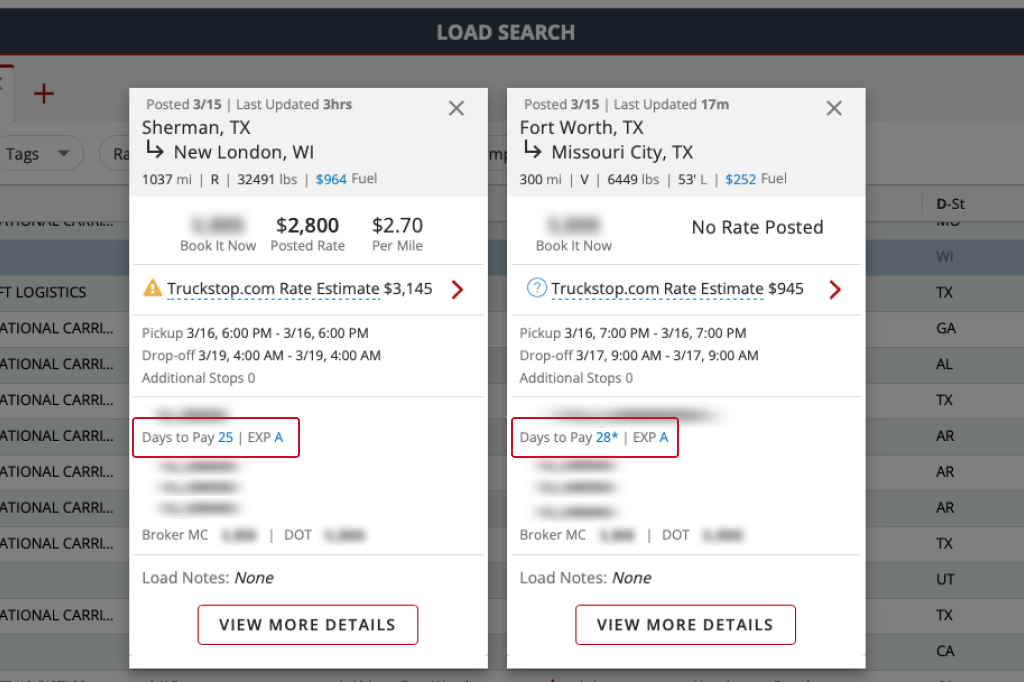 screen capture of truckstop.com user interface comparing days to pay
