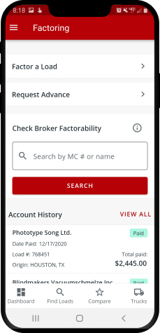 iPhone showing Truckstop.com Factoring.