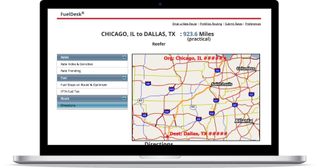 A laptop screen shows Fuel Desk, a feature of the Truckstop Load Board.