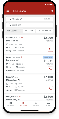 An iPhone shows a screen of carrier load search functionality in the Truckstop.com mobile app.