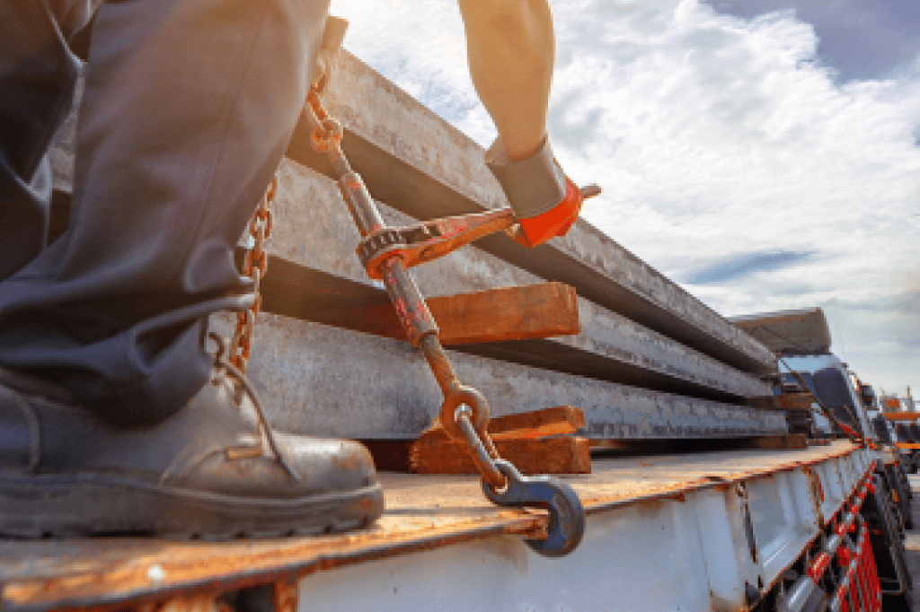 A driver checking straps in a flatbed load.